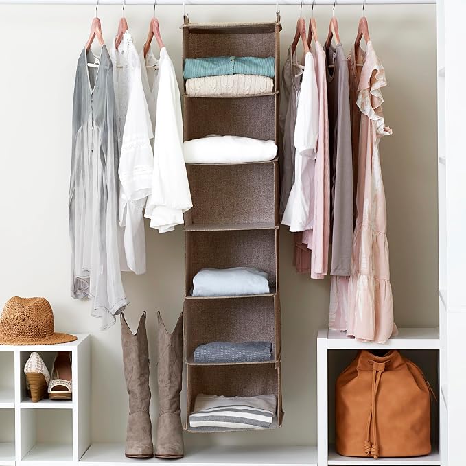 Household Essentials 6 Shelf Hanging Closet Organizer, Hanging Closet Shelf, Fabric Poly Linen and PEVA Shelving, Beige - Image 9