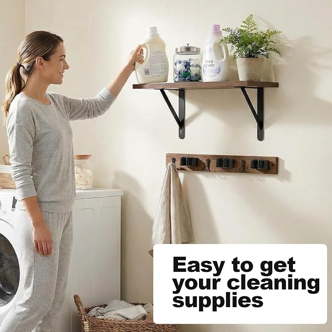 Wooden Broom Holder Wall Mount with Hooks and Shelf Mop Hangers Storage Rack with Cleaning Supplies Organizer Farmhouse Garage Laundry Room Wood Shelf (Brown, 1) - Image 2