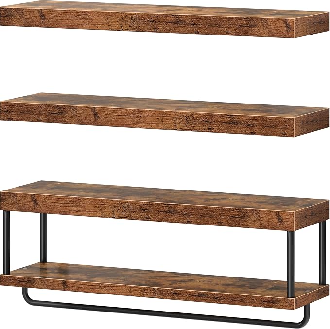 QEEIG Bathroom Floating Shelves Over Toilet - Wall Mounted Shelf Toilet Paper Storage Farmhouse 32 inch Long Set of 3, Rustic Brown (027-80BN3) - Image 8