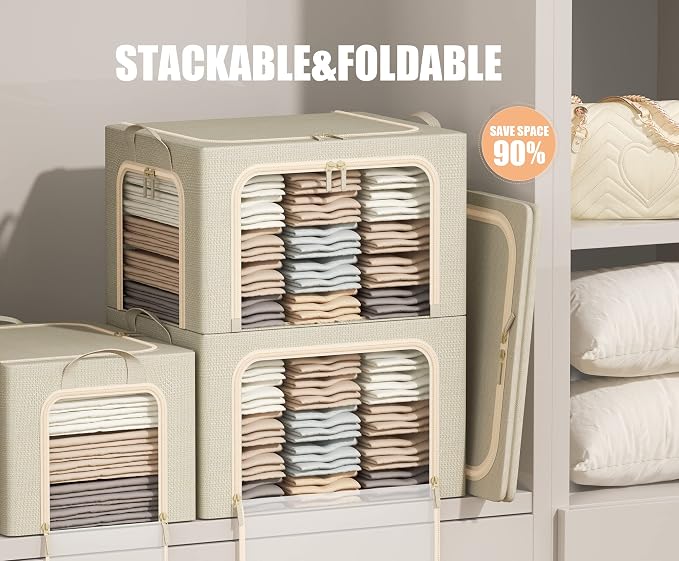 3 Openings Large Clothes Storage Bins with Metal Frame, Foldable Storage Bin for Clothes,Clothing Storage Bins with Lid, Linen Storage Box With Clear Window＆ Zippers＆ Durable Handles.(3 Pcs,Beige,66L) - Image 2