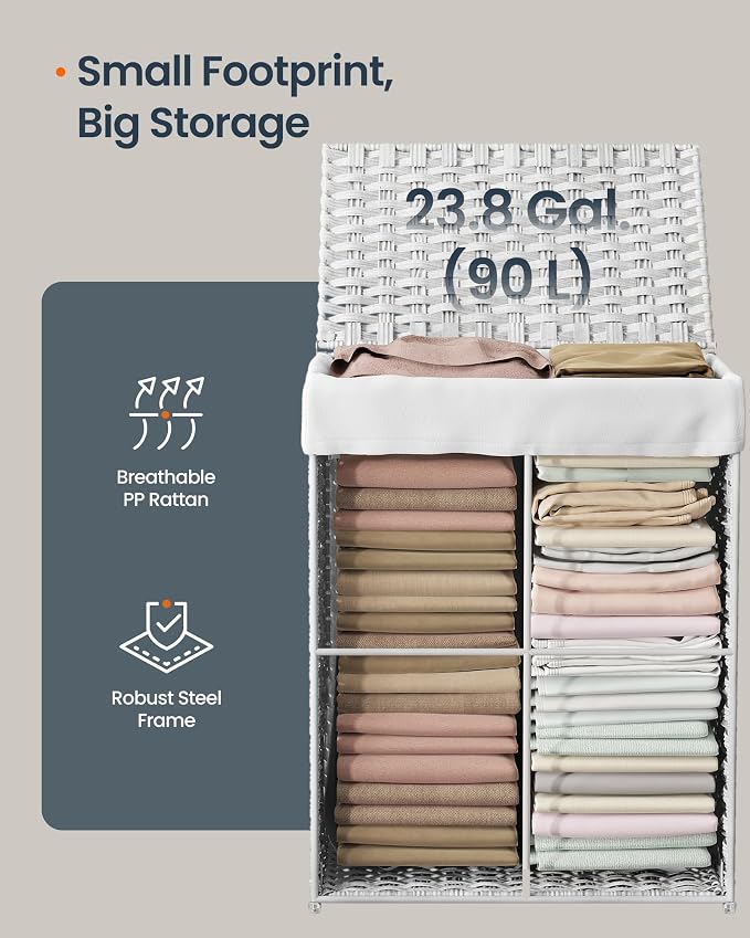 SONGMICS HOME Laundry Hamper with Lid, Clothes Basket with Removable Liner and Handles, 23.8 Gallon, Foldable Narrow Laundry Organizer for Bathroom, Bedroom, White - Image 3