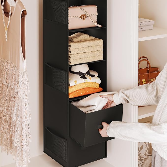 YOUDENOVA Hanging Closet Organizer, Hanging Shelves with Drawers, Black | Closet Organizers and Storage with 6 side pockets, Foldable Storage for Clothes, Socks, Underwear & More, Breathable Fabric - Image 5