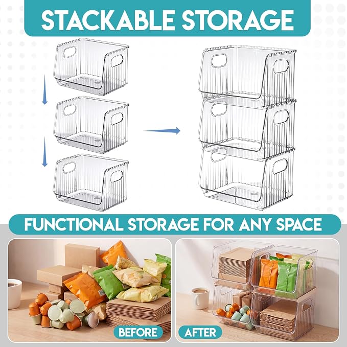 Novabright 6 Pcs Clear Plastic Storage Bins Stackable Pantry Storage Organizer Kitchen Cabinet Organizers Ideal Containers for Coffee Pod Tea Sugar Bag Office Fridge Caddy - Image 3