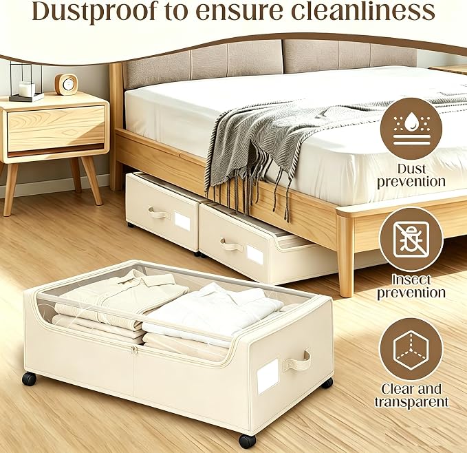 Under Bed Storage with Wheels, 2 Pack Under Bed Storage Containers, 10.6 inches Tall Underbed storage bins on Wheels, Rolling Under the Bed Metal Drawers for Clothes, Blankets, Shoes (XXXL, 90L) - Image 5