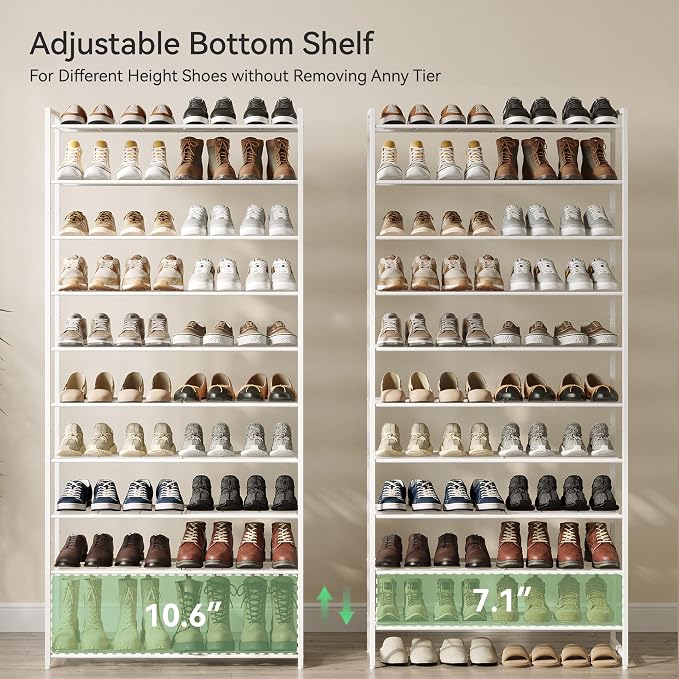 Nunsino Shoe Rack for Closet, Metal Shoe Organizer, 10 Tier Garage Shoe Rack Max Holds 50 Pairs,Shoe Storage Shelf,Entryway,White - Image 4