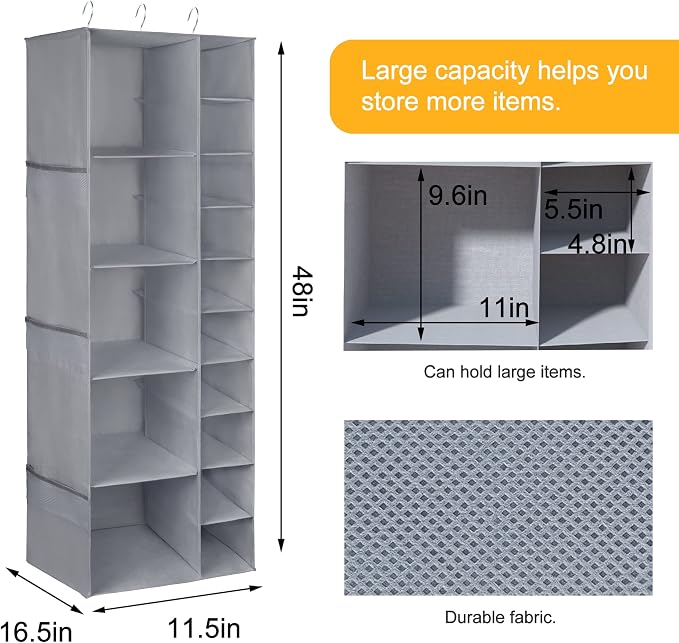 Libeder Shoe Organizer for Closet, 15 Shelf Hanging Closet Storage Shelves - 10 Shoe Rack Organizer and 5 Compartment for Clothes with 6 Side Mesh Pockets for Scarves Socks,Gloves, Grey - Image 2