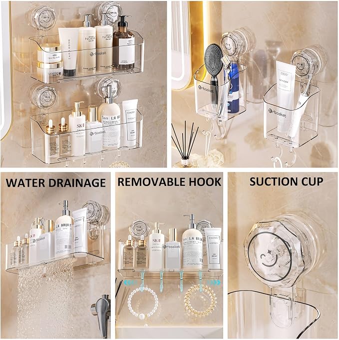 2-Pack Suction Cup Shower Caddy Set, Wall Mounted Suction Rack, Bathroom Shower Shelf Basket Set with Shower Organizer and Toothbrush Holder (No Drilling Required) - Image 7