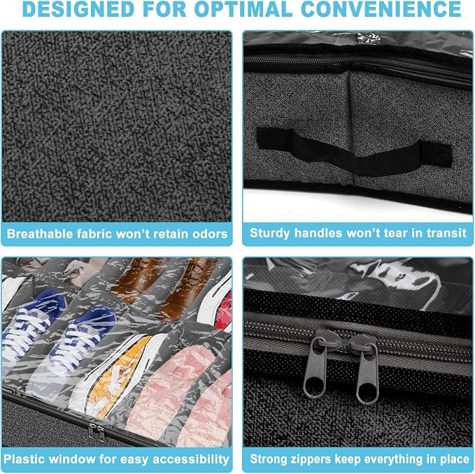 Under Bed Shoe Storage Organizer for Closet, 32 Pairs Sturdy Underbed Shoe Storage Boxes Bins Container Foldable Shoes Storage with Reinforced Handles & Clear Window for College Dorms Grey, Set of 2 - Image 3
