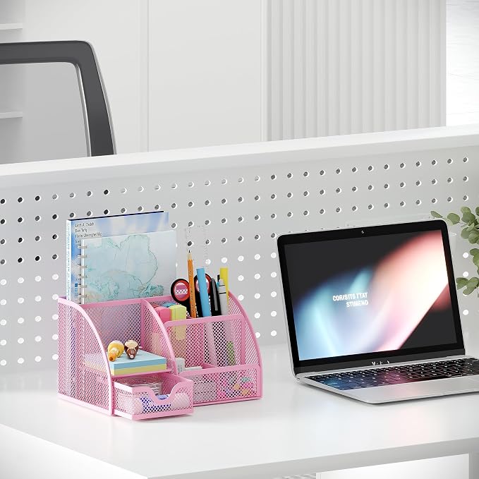 EasyPAG Mesh Desk Organizer with Drawer Multi-functional Pen Holder Stationery Organizer for Office School Supplies 6 Compartments Dorm Organizers and Storage for Desk, Light Pink - Image 5