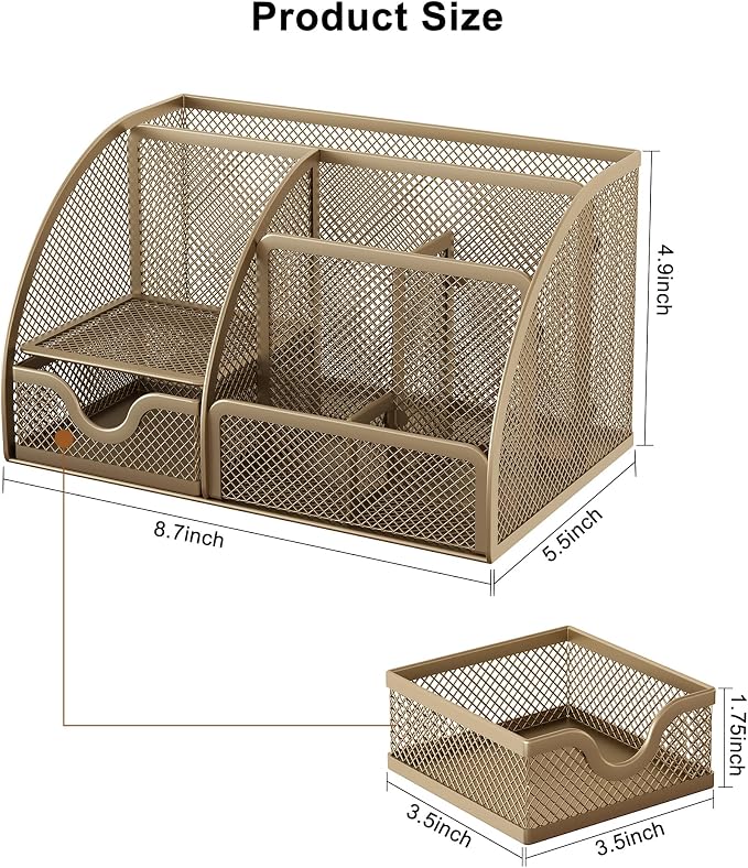 EasyPAG Mesh Desk Organizer with Drawer Multi-functional Pen Holder Stationery Organizer for Office School Supplies 6 Compartments Dorm Organizers and Storage for Desk, Gold - Image 7