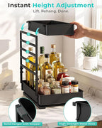 EVERIE Height Adjustable 2 Tier Metal Pull Out Slide Shelf Organizer for Under Sink Cabinets in Kitchen, Bathroom, with Snap-on Top Tray, 16" Deep (Black, 2 Sets) - Image 3