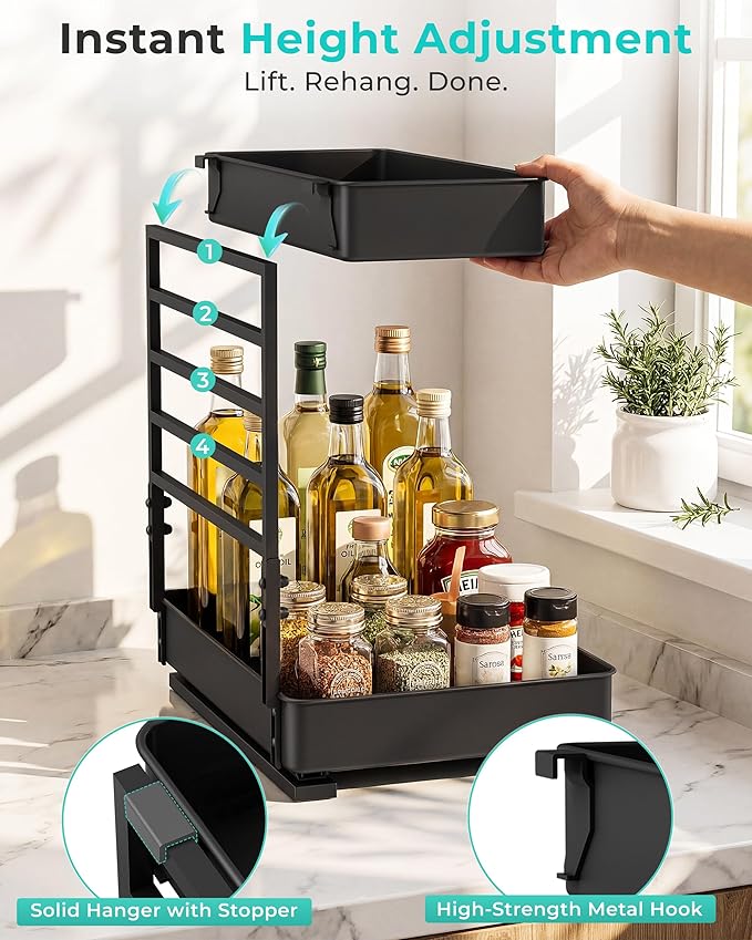 EVERIE Height Adjustable 2 Tier Metal Pull Out Slide Shelf Organizer for Under Sink Cabinets in Kitchen, Bathroom, with Snap-on Top Tray, 16" Deep (Black, 2 Sets) - Image 3