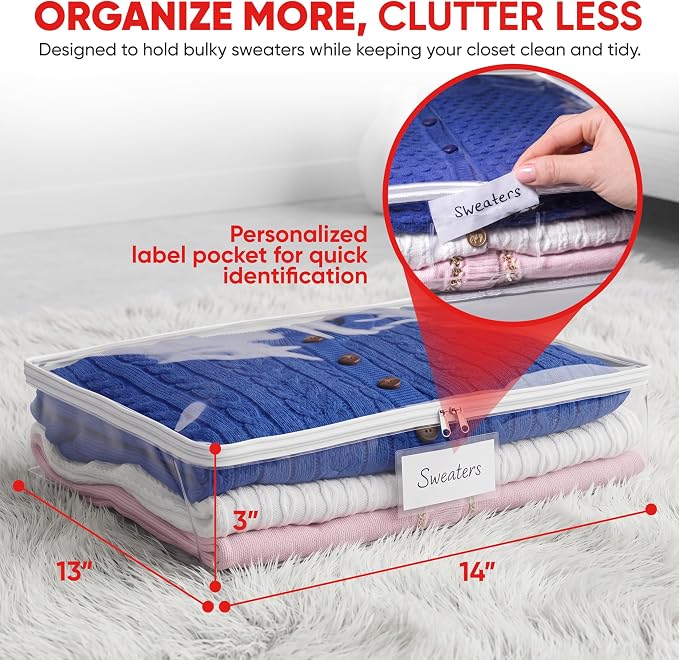 Masirs Clear Sweater Storage Bags 2-Pack – Zippered Vinyl Organizers with Label Pocket, Durable Dustproof Clothing Storage for Sweaters, Blankets, Linens, Underbed & Closet Use - Image 2