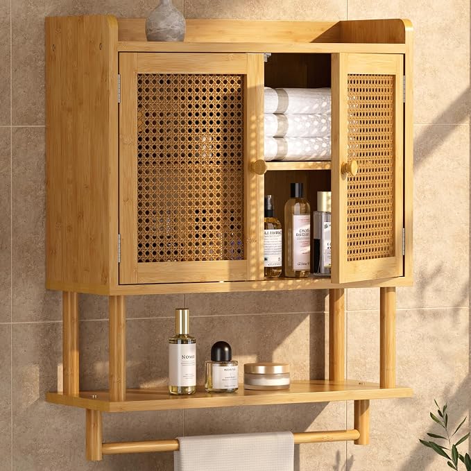 AmazerBath Bathroom Wall Cabinets, Bamboo Medicine Cabinet with Rattan Door, Large Over The Toilet Storage Cabinet with Towel Bar, Wall Mounted Cabinet with Adjustable Shelves for Small Spaces by AmazerBath