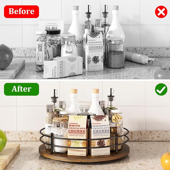 12" Lazy Susan Turntable Organizer,Round Wooden Lazy Susan Organization and Rotating Spice Rack for Dining Table,Pantry,Kitchen Countertop,Vanity,Cupboard and More. (Heightened Version,Round) - Image 5
