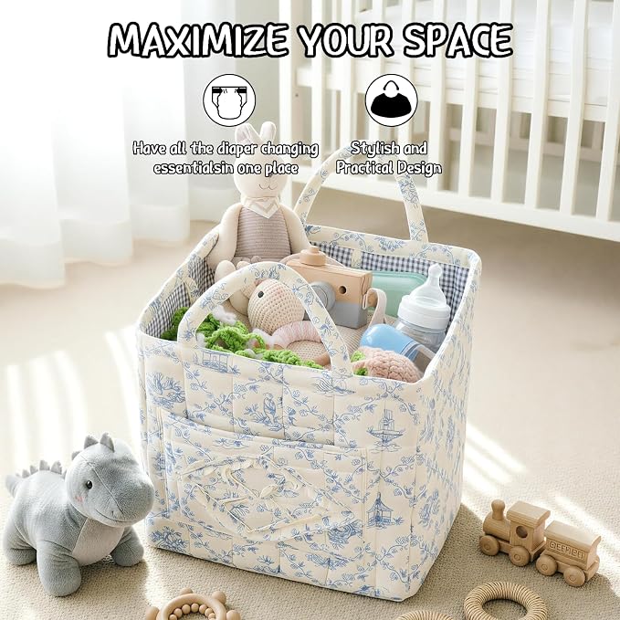 Quilted Fabric Car Storage Basket with Handles & Pocket, Foldable Laundry Hamper Boho Floral Print Organizer Bin for Home, Picnic, Office Nursery Cloth Toy 12"x10"x10" (Style F) - Image 7