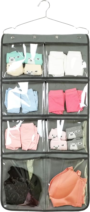 NIMES Durable Hanging Closet Underwear Sock Bra Stocking Organizer Dual-Sided Accessories Storage with 16 Large Clear Pockets (Grey) - Image 3