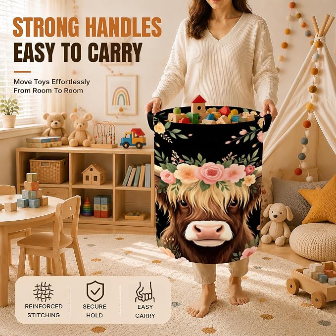 Highland Cow Laundry Hamper,Watercolor Flowers Foldable Oxford Basket with Handles, Portable Clothes Storage Bucket and Laundry Bag for Bathroom Laundry Room Bedroom Dorm Decor,20.8x16 Inch - Image 4