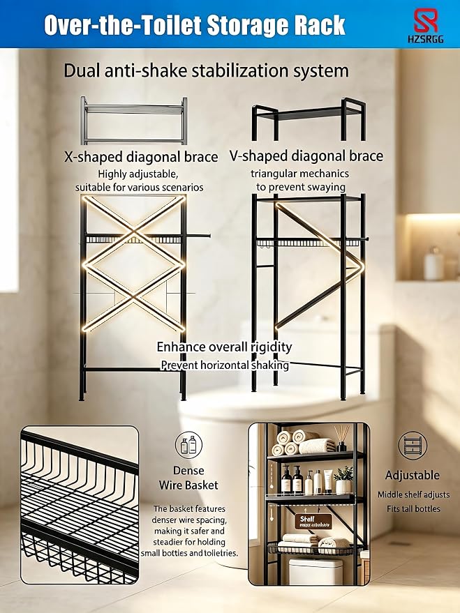 Pre-Welded Over The Toilet Storage Cabinet, 4-Tier 3-Screw Quick Install Bathroom Organizer, No Handyman Required, Laser Welding, eco-Friendly Paint Coating.（Black） - Image 2