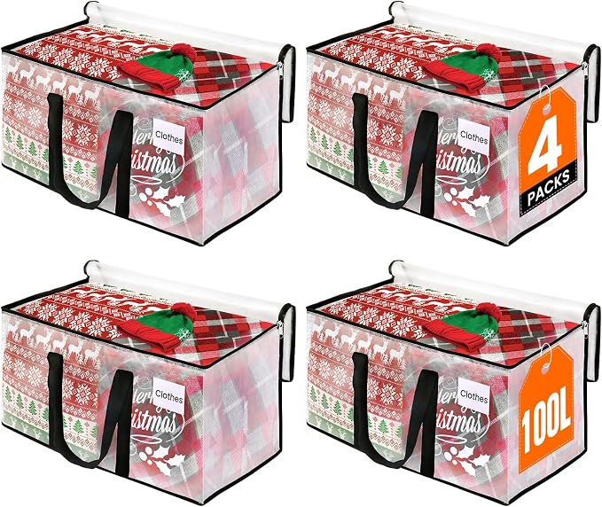 RoomHacks Moving Bags, Heavy Duty Large Storage Bags, 100L, 4 Pack, Clear | Water-Resistant Packing Bags with Reinforced Handles & Dual Zippers, Foldable Storage Totes for Dorm Move & Home Organization by RoomHacks