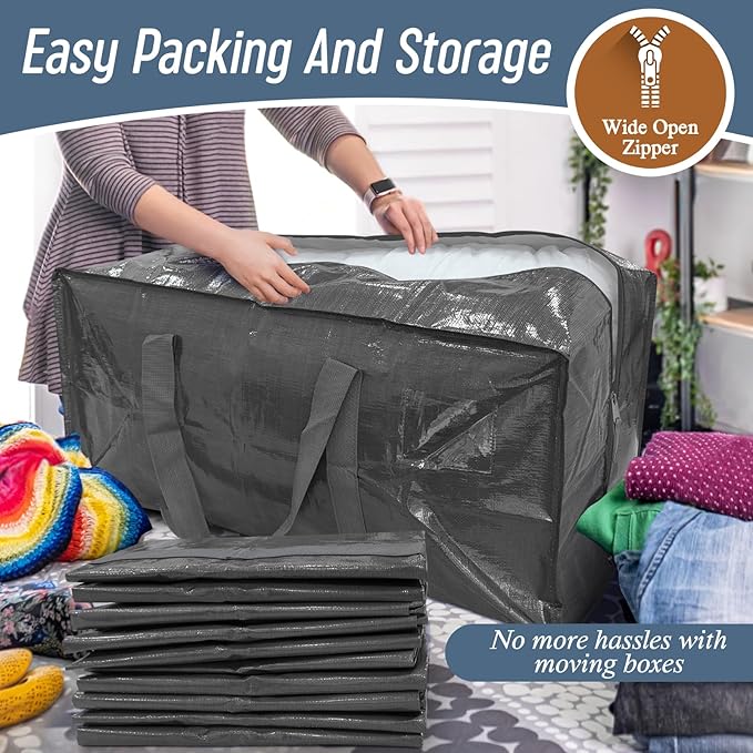 12 Pack Extra Heavy Duty Large Moving Bags with Strong Zipper, Gray | Comfortable Handles, Sturdy & Durable Clothes Storage Bags Totes Bins, Blue Packing Moving Boxes for College Supplies - Image 5