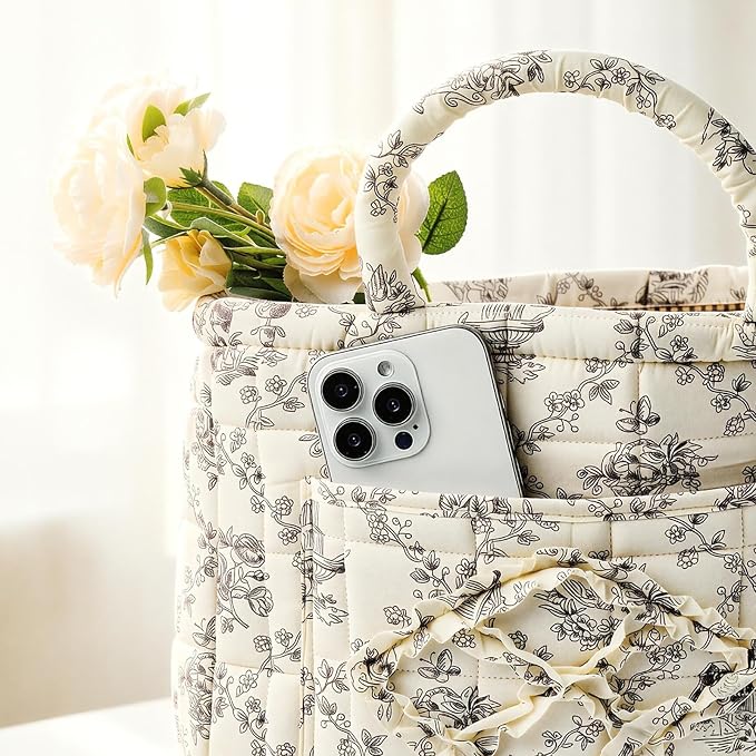 Quilted Fabric Car Storage Basket with Handles & Pocket, Foldable Laundry Hamper Boho Floral Print Organizer Bin for Home, Picnic, Office Nursery Cloth Toy 12"x10"x10" (Style D) - Image 8