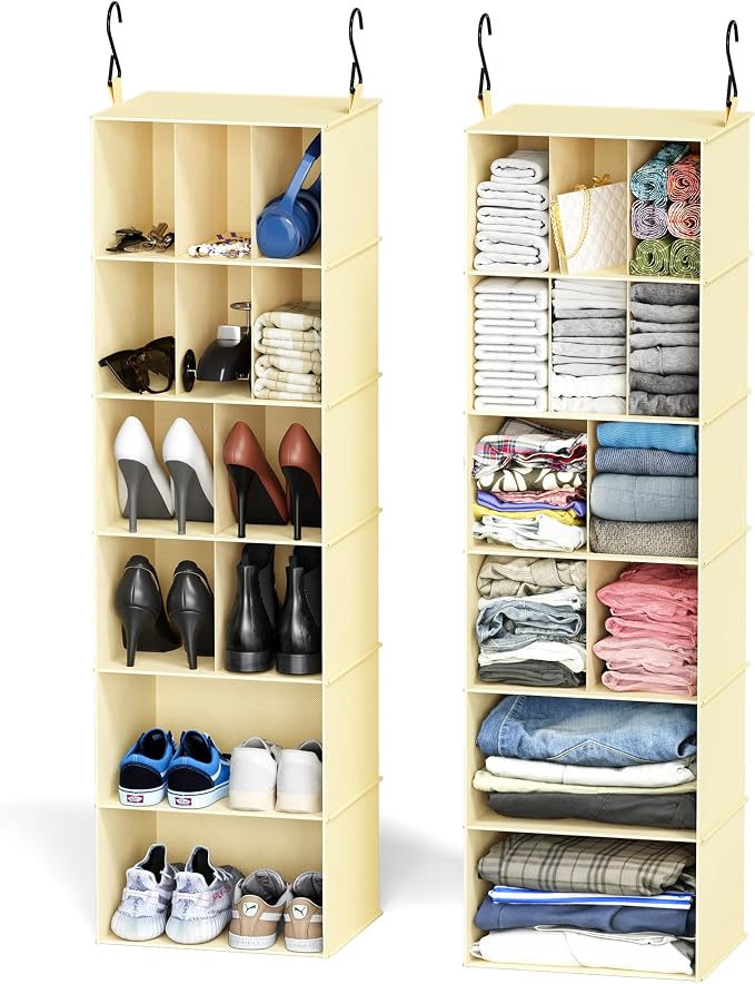 SpaceAid 2 Pack Hanging Closet Organizer and Storage with Dividers, 24 Compartments Hanging Shoe Shelves for Closet, Wardrobe, RV, Garment Rack - Beige by SpaceAid