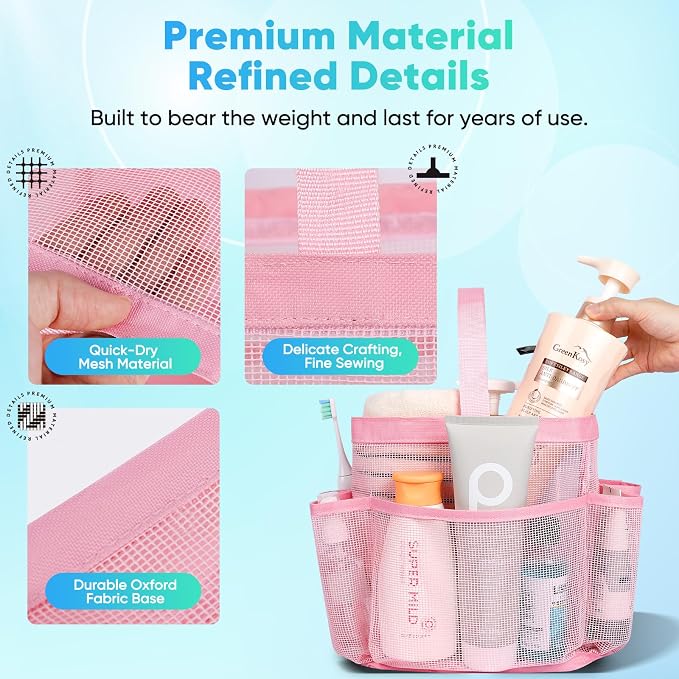 EUDELE Mesh Shower Caddy Portable for College Dorm Room Essentials,Portable Shower Caddy Dorm with 9-Pocket Large Capacity, Shower Bag for Beach, Swimming, Gym, Travel essentials, Pink - Image 5