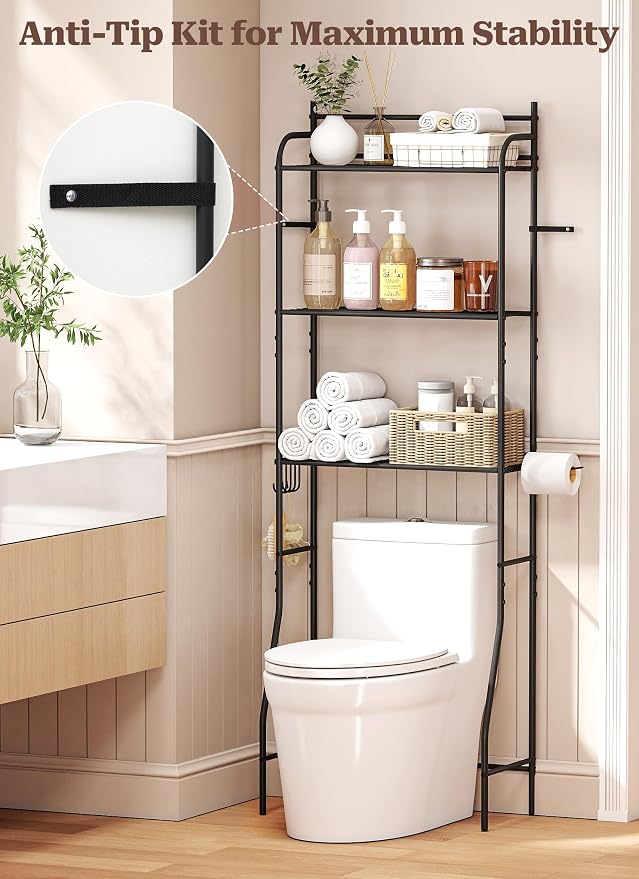 3-Tier Over The Toilet Storage, Bathroom Organizer, Space-Saving, Above Toilet Storage Rack with 4 Hooks and Paper Holder, Metal Shelf, Black - Image 4