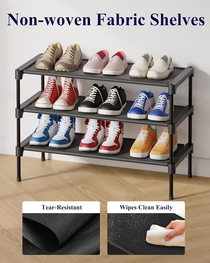 Kitsure Shoe Rack - Non-Woven Shoe Rack Shelf, 27.5" Wide - 3 Tier, Black | Shoe Organizer for Closet, Entryway, Garage, Stackable Shoe Shelves, college dorm&apartment essentials - Image 5