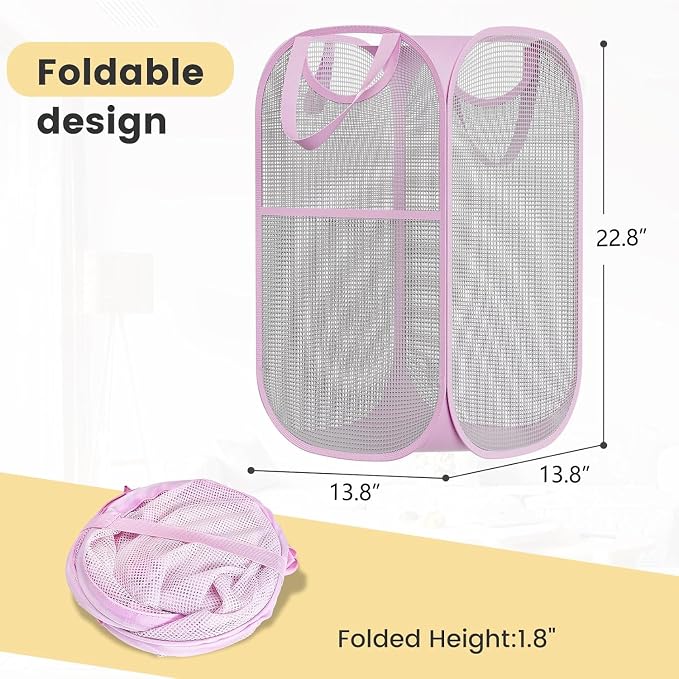 HOUSE AGAIN 2Pack Strong Mesh Pop Up Laundry Hamper, 70L Collapsible Laundry Basket with Steel Frame, Double‑Stitched Handles & Side Pocket, Foldable Dirty Clothes Hamper for Dorm, Bedroom, Light Pink - Image 8