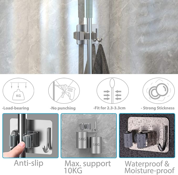 homeasy Mop Broom Holder No Drill, Mop Broom Organizer Wall Mounted Heavy Duty with Hooks Hanger, Self Adhesive Stainless Steel 4Pcs for Bathroom, Kitchen, Office (Silver) - Image 3