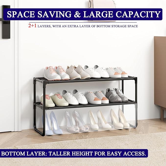 Long Shoe Rack, 2-Tier Stackable Shoe Organizer for Closet, Entryway, Hallway, Extra Bottom Layer, Holds 12-15 Pairs, Sturdy & Durable Waterproof Fabric Shelf, Space-Saving,Black(35.8" Wide) - Image 4