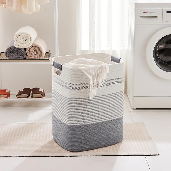85L Tall Woven Laundry Basket Hamper with Leather Handles,Grey - Image 3