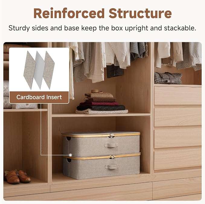 StorageWorks 7" Low Profile Underbed Storage Containers with Bamboo Frame | Strong Frame Resists Sagging, Buckle Flip-Top Lid, Fabric Handles, Foldable Stackable Design, for Dorms, Bedrooms & Closets - Image 5