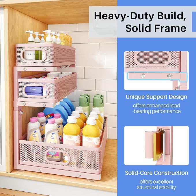 Under Sink Organizer, 3-Tier Thickened Metal Pull out Cabinet Organizer Shelf, Height Adjustable Slide out Storage Drawer Rack for Kitchen Bathroom Pantry Laundry Home Organization, 1-Pack, Pink - Image 6