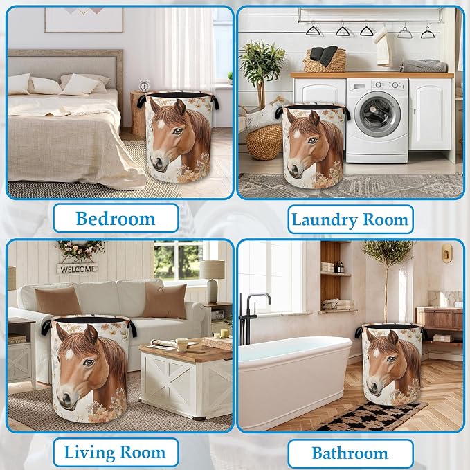 Horse Flowers Laundry Basket Collapsible Laundry Hamper Oxford Storage Bin for Clothes Storage, Organizer, Books and Sundries 16" X 20.8" - Image 6