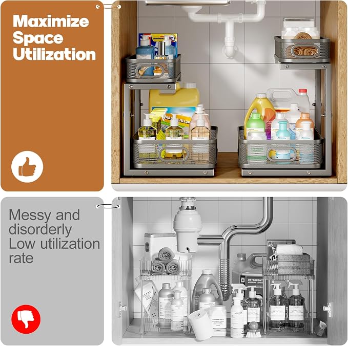 2 Pack 17.3IN-Depth Under Sink Organizer with Smooth Cylindrical Rail,2-Tier Pull Out Multi-Purpose Cabinet Storage for Bathroom&Kitchen,Height Adjustable,Rust-Resistant Coating-Gun Gray - Image 5