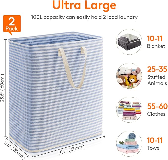 Lifewit 100L Large Laundry Baskets, 2 Pack, Reinforced Handles, Grey&Blue - Image 4
