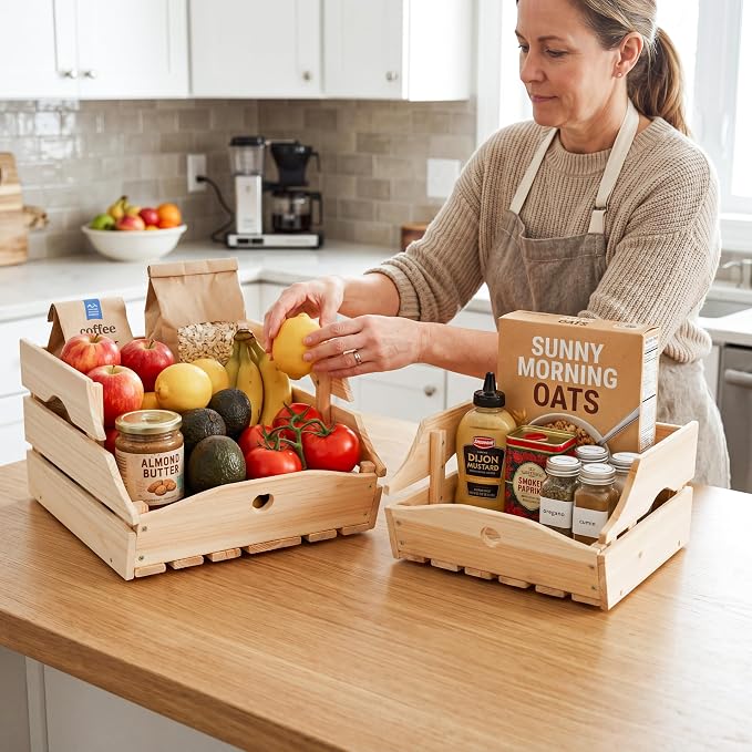 Stackable Wooden Storage Bins, Kitchen Counter Organizer with Handles, Produce Basket for Fruits, Vegetables, Potatoes, Onions, Snacks and Pantry Organization - 2 Piece - Image 8