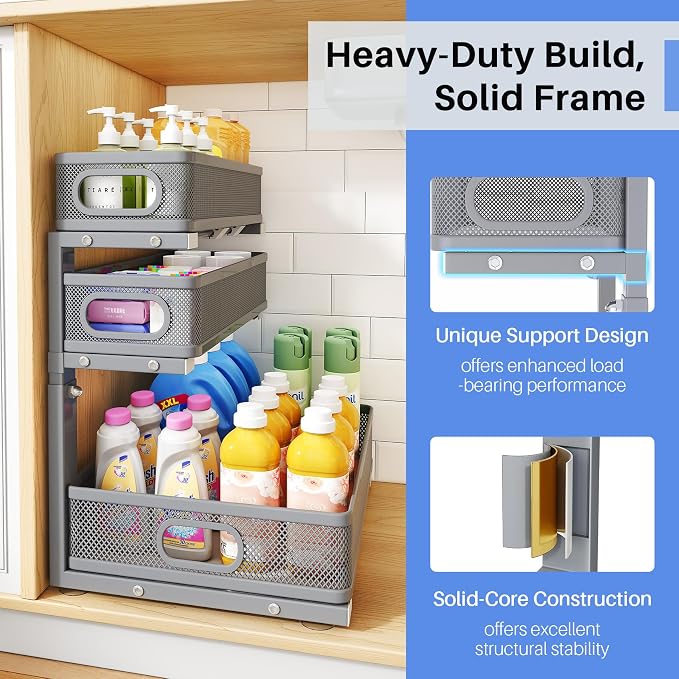 Under Sink Organizer, 3-Tier Thickened Metal Pull out Cabinet Organizer Shelf, Height Adjustable Slide out Storage Drawer Rack for Kitchen Bathroom Pantry Laundry Home Organization, 1-Pack, Grey - Image 6