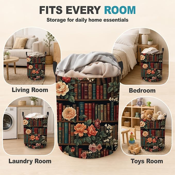 Vintage Bookshelf Portable Laundry Hamper,Floral Library Collapsible Clothes Basket with Handles,Waterproof Oxford Cloth Organizer for Dorm Bedroom Bathroom Nursery,16 x 20 Inch - Image 7