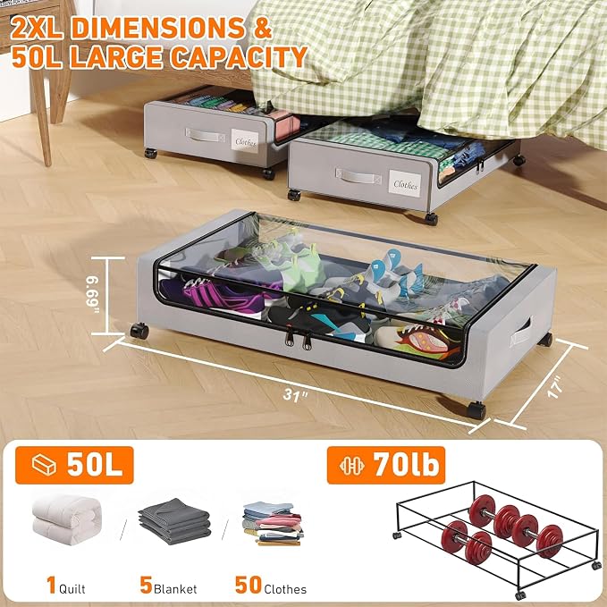 Under Bed Storage with Wheels, 4 Pack Under Bed Storage Containers with Dividers & Clear Lids, XXL 65L Under the bed storage Organizer Bins, Underbed Storage with Wheels for Clothes,Shoes,Toys - Gray - Image 4