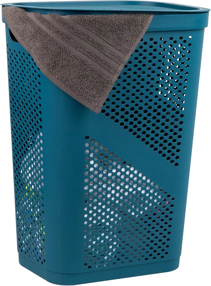 Mind Reader Slim Laundry Hamper with Lid, 60L Clothes Basket, Ventilated Plastic, Blue by MindReader