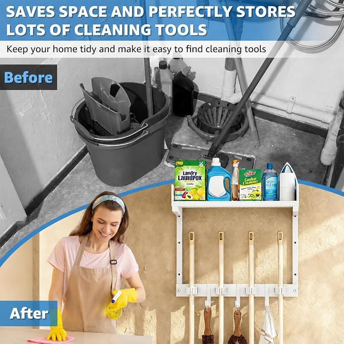 Mop Broom Holder Wall Mount with Top Shelf, Broom Organizer Wall Mount - Image 5