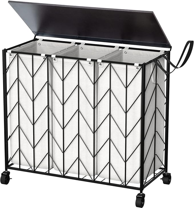 WOWLIVE Laundry Hamper 3 Section with Lid, 142L Laundry Basket with Wheels by WOWLIVE