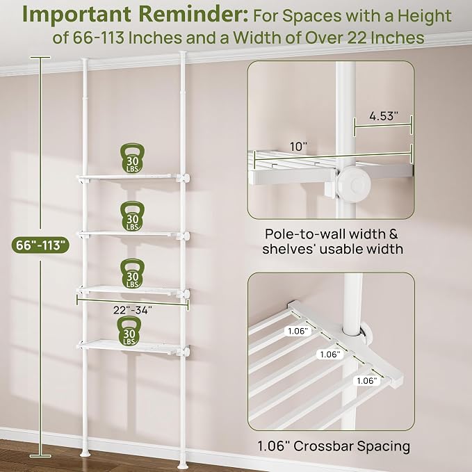 ALLZONE Adjustable Over The Toilet Storage Shelf, 4-Tier Ample Bathroom Organizer and Storage, Tension Mounted Above Toilet Storages Cabinet for Versatility, Fits 66-113 Inch Heights, White - Image 5