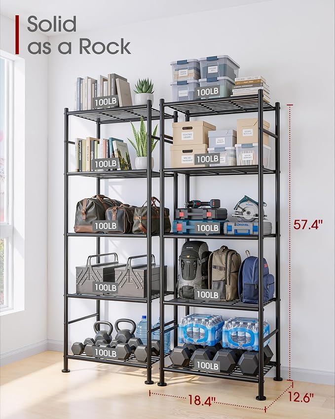 Sakugi Storage Shelves - Set of 2, 5-Tier Metal Shelf Organizer, Space-Saving Garage Shelving with Leveling Feet, Standing Shelves Organizer for Kitchen, Laundry, Pantry (18.4" x 12.6" x 57.4", Black) - Image 3