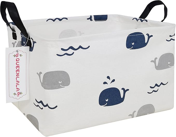Rectangular Collapsible Laundry Basket with Side Handles, Blue Cute Whale by QUEENLALA