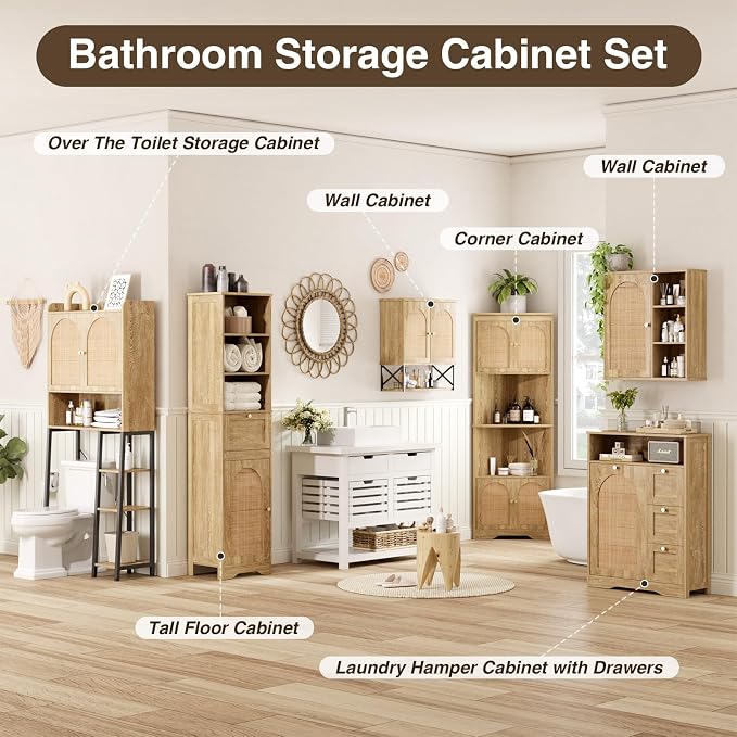 Rattan Over The Toilet Storage Cabinet with Adjustable Shelf and Large Space, Bathroom Organizers and Storage Over Toilet with Rattan Door, Metal Stand, Tall Storage Shelves Above Toilet, Natural - Image 7